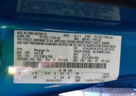 2013 Ford Focus Se z USA, uszkodzony, nr VIN 1FADP3F27DL351375